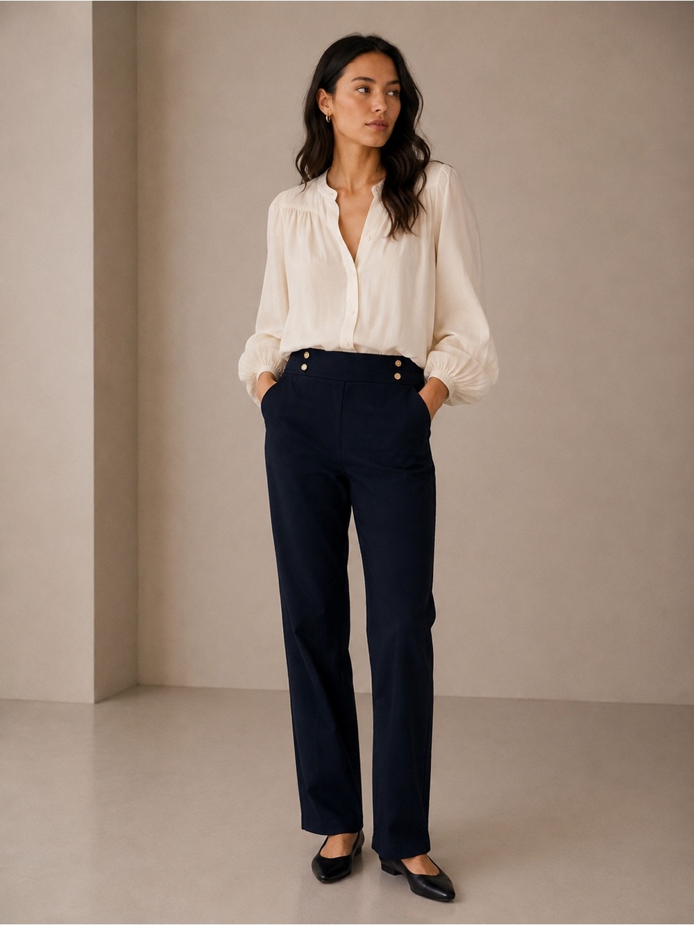 Anne Klein Navy High-Waist Straight Leg Sailor Trousers with Gold Buttons Sz S